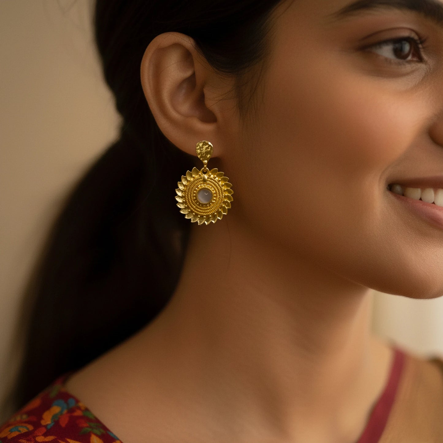 Divamas Grand Gold-Plated Round Drop Earrings with Center Stone Aqua  – Luxury Ethnic Designer Jewelry