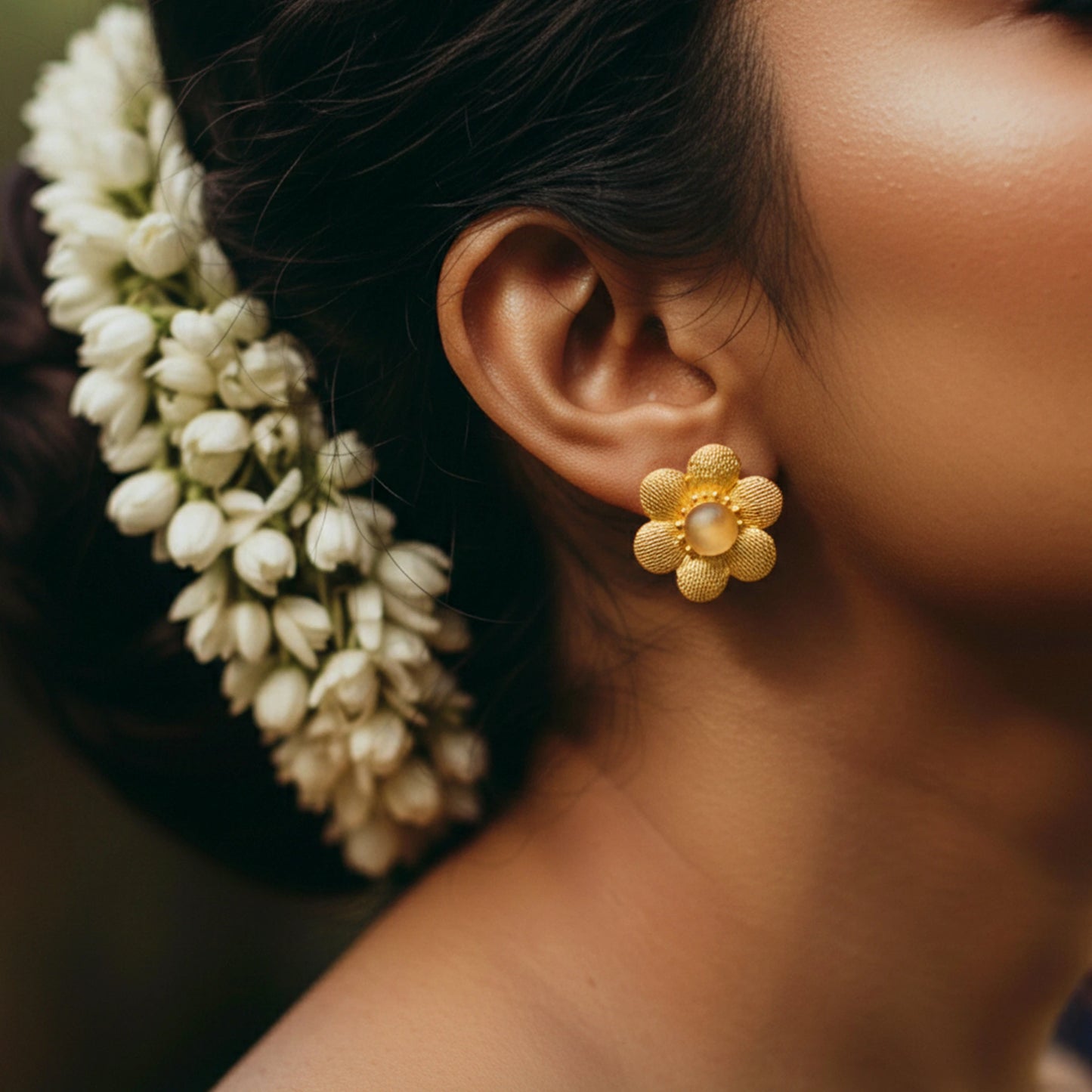 Divamas Elegant Floral Stud Earrings with Textured Gold Finish & Center Gem –Aqua Blue
