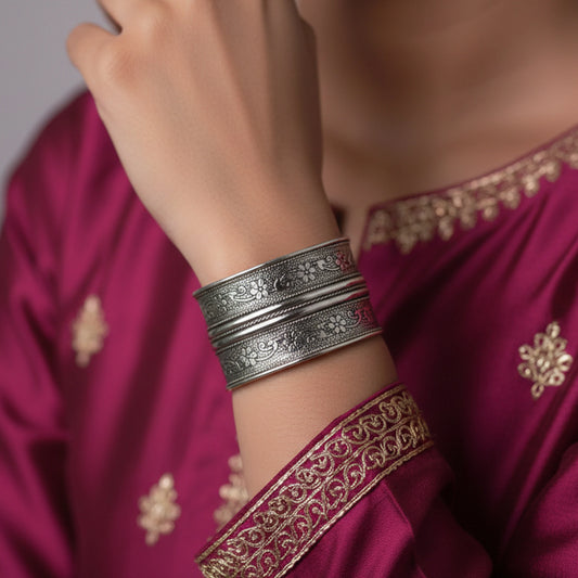 DIVAMAS Silver-Plated Floral Cuff Bracelet – Handcrafted