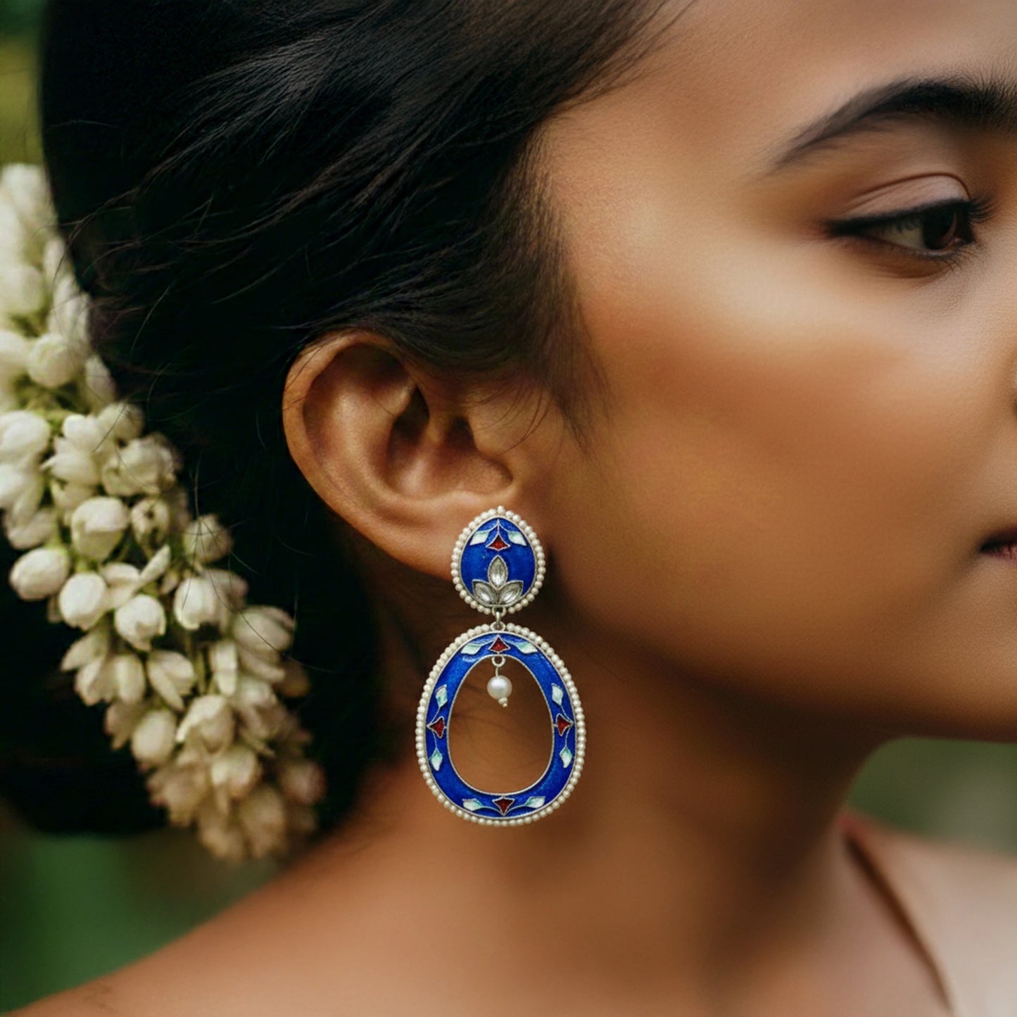 DIVAMAS Hand-Painted Meenakari Oval Drop Earrings
