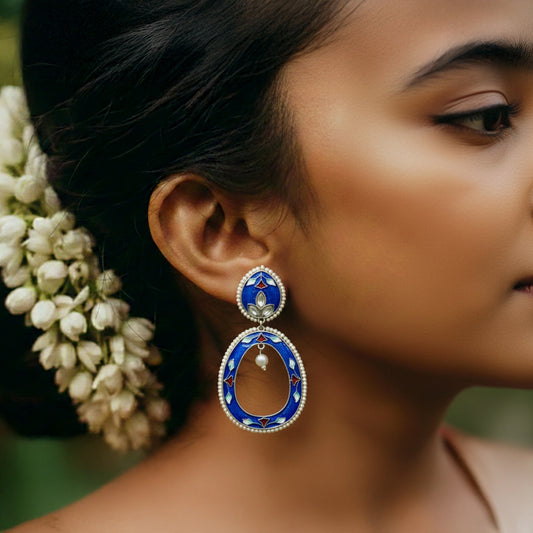 DIVAMAS Hand-Painted Meenakari Oval Drop Earrings