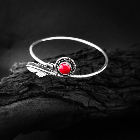 Bohemian Feather Bracelet with Red or Navy Blue Stone - Oxidized Silver_red stone