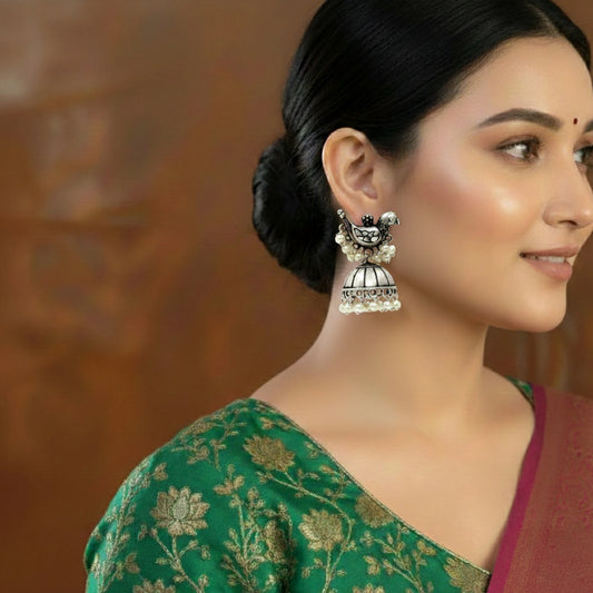 DIVAMAS Silver-Plated Bird Dome Jhumkas – Pearl Drop Earring