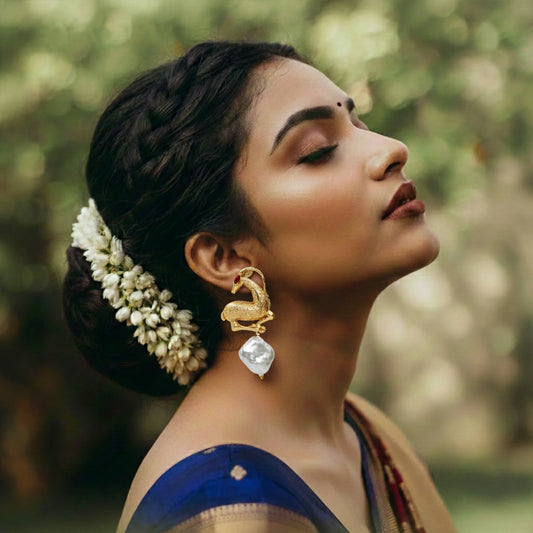 DIVAMAS Antelope Studs – Gold Earrings, Bold Baroque Pearls