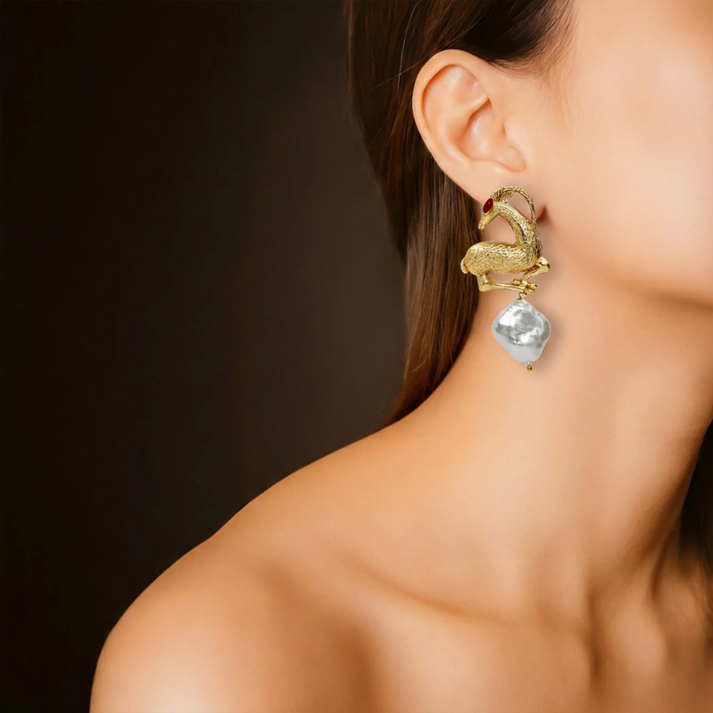 DIVAMAS Antelope Studs – Gold Earrings, Bold Baroque Pearls