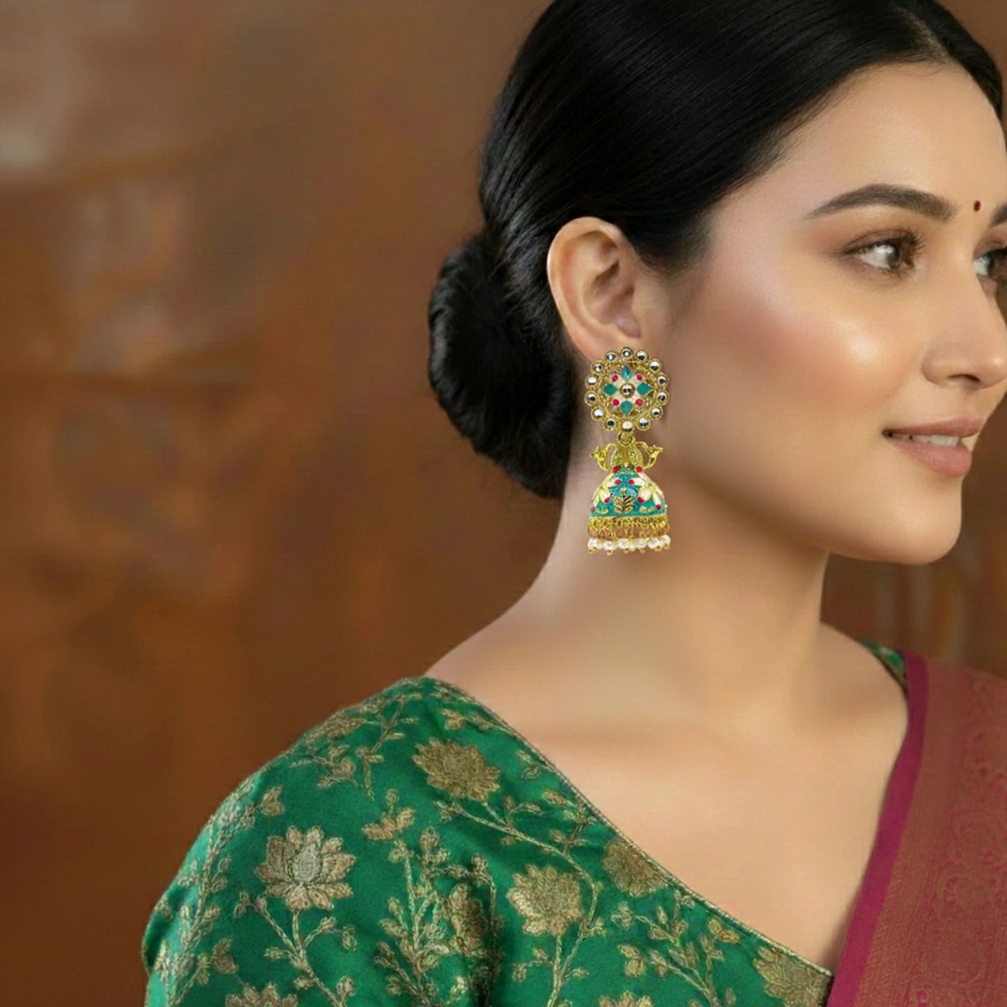 DIVAMAS Meenakari Jhumkas – Teal-Green - Kundan & Pearls