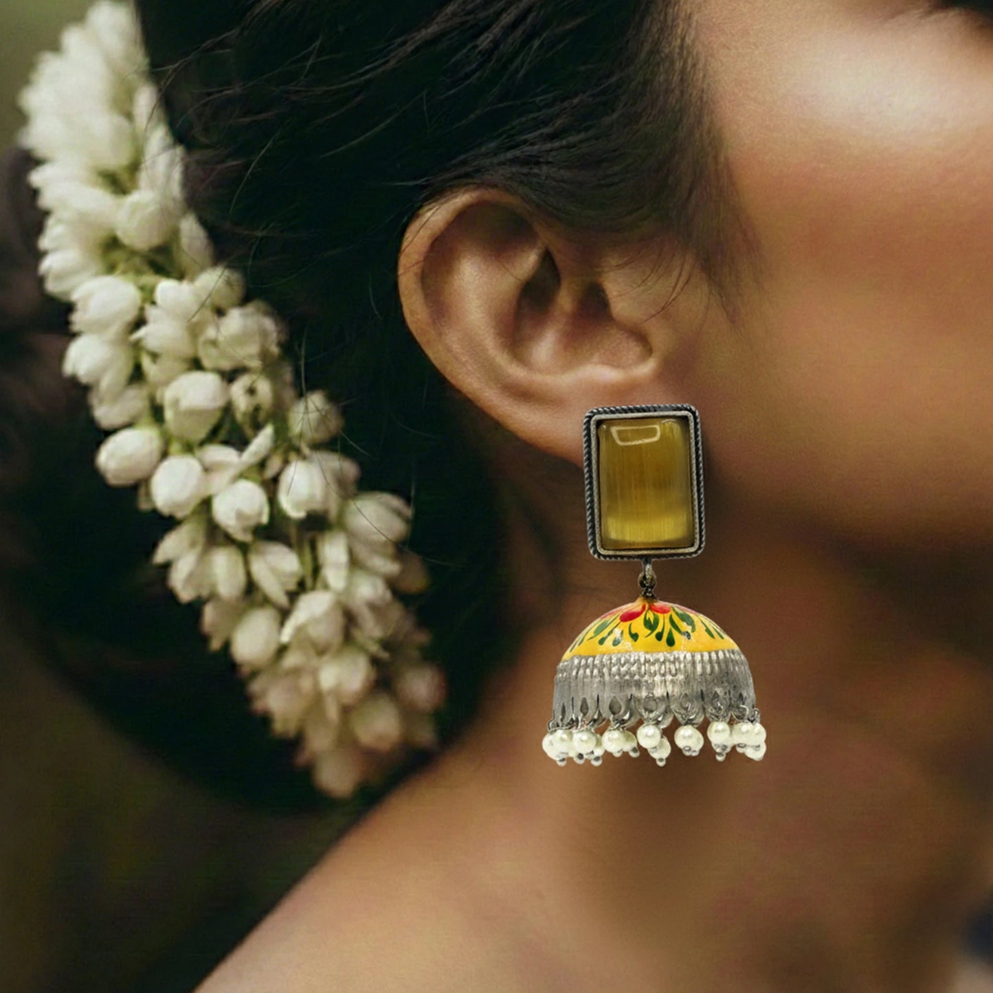 DIVAMAS Yellow Meenakari Jhumkas – Silver Finish-With Pearl