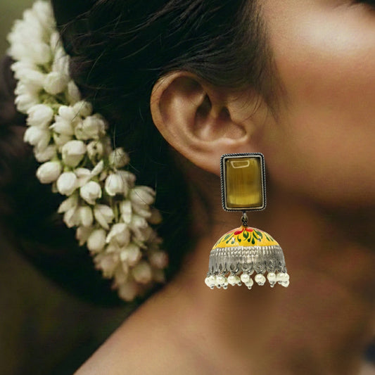 DIVAMAS Yellow Meenakari Jhumkas – Silver Finish-With Pearl