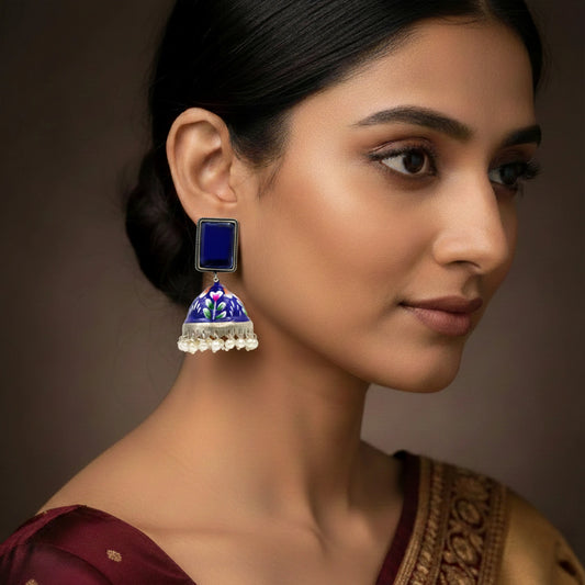 DIVAMAS Hand-Painted Jhumka with Pearls – Blue, Green & Red