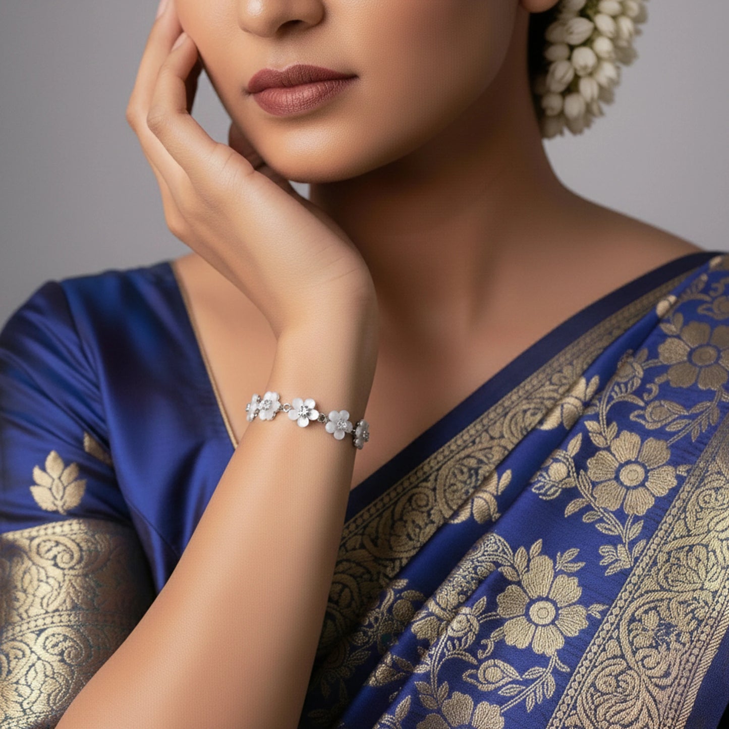 Delicate Flower Charm Bracelet - Silver-Tone with White Enamel