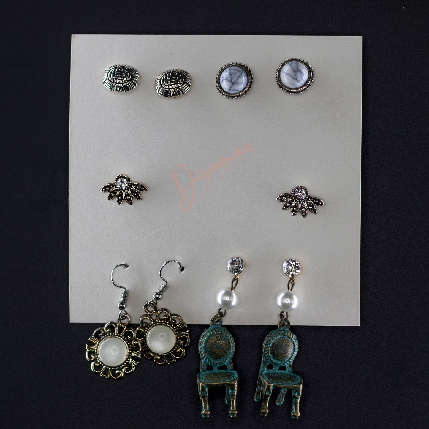 5 Earring Styles, 1 Combo – DIVAMAS Fashion Jewelry for Women, chair, tutle shell