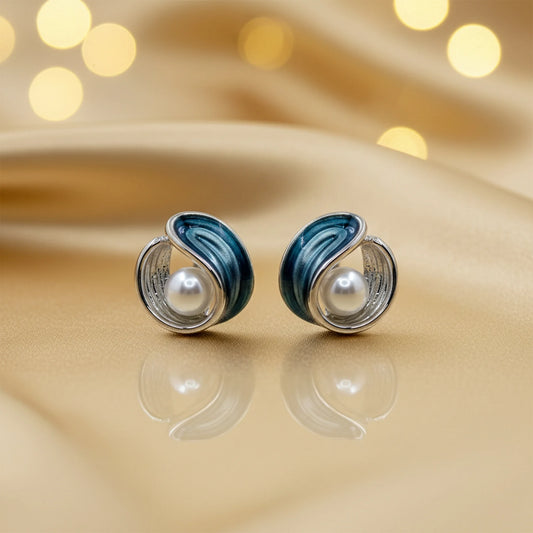 Anti-tarnish blue swirl pearl stud earrings