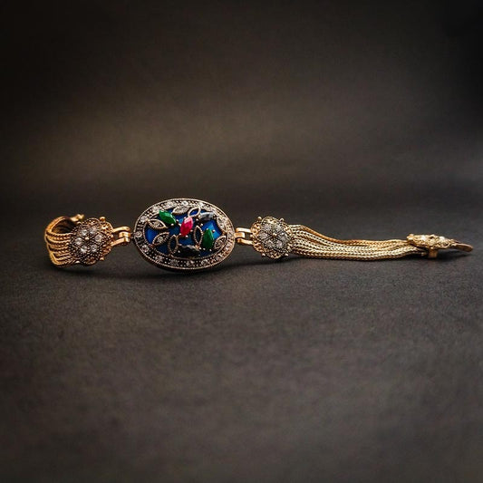 Gold Enamel Bracelet with Multicolor Stones & Tassel - DIVAMAS