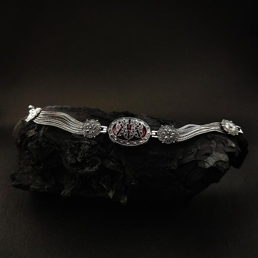 Silver Filigree Bracelet with Garnet Stone & Chain Detail - DIVAMAS