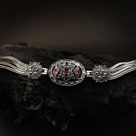 Silver Filigree Bracelet with Garnet Stone & Chain Detail - DIVAMAS