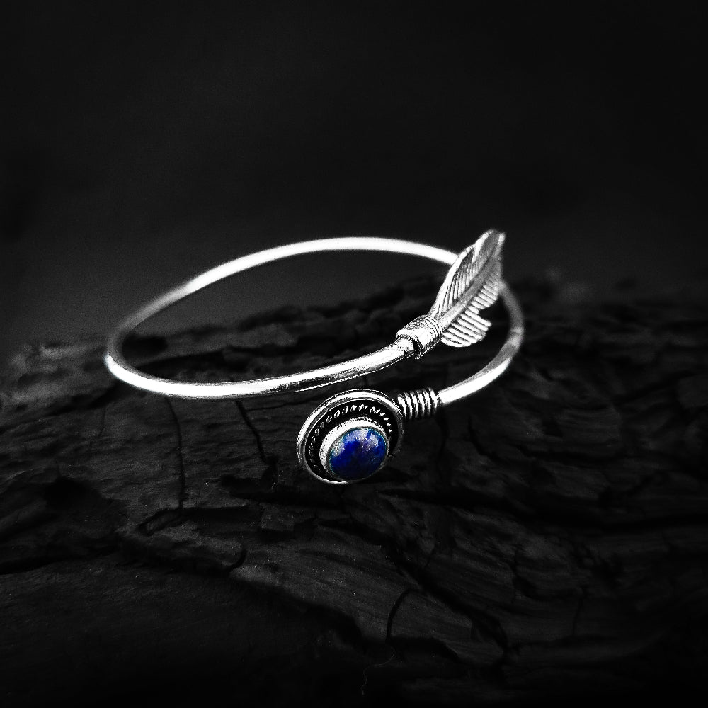 Bohemian Feather Bracelet with Red or Navy Blue Stone - Oxidized Silver