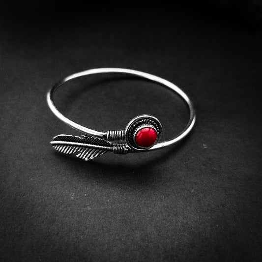 Bohemian Feather Bracelet with Red or Navy Blue Stone - Oxidized Silver