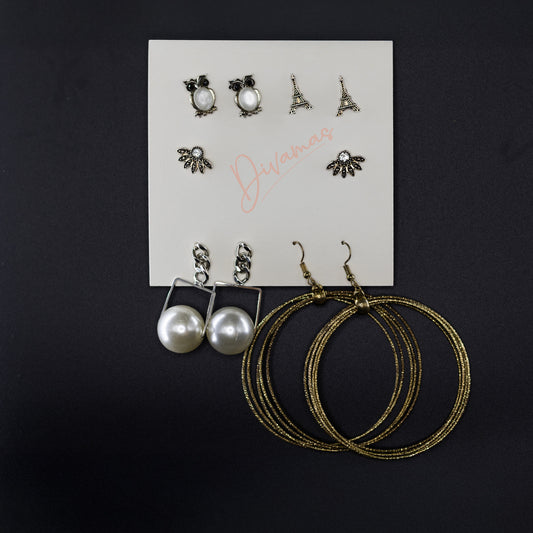 Combo featuring Owl Set, Eiffel Tower Set, Butterfly Set, Layered Hoop Set, and Crystal Set; stylish and versatile designs for all occasions.
