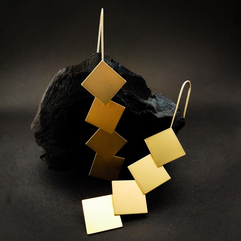 Contemporary golden brass square dangle earrings with a bold cascading square design and sleek metallic finish, perfect for modern and stylish looks.