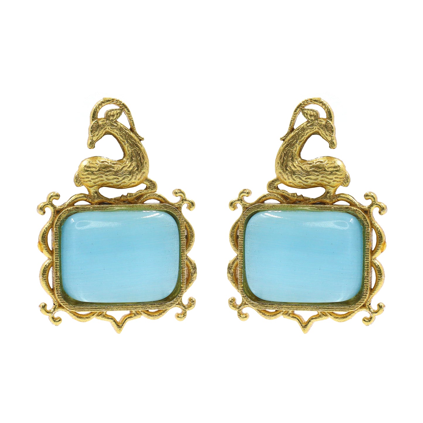 DIVAMAS gold antelope motif earrings with blue Monalisa stone – handcrafted ethnic design_01
