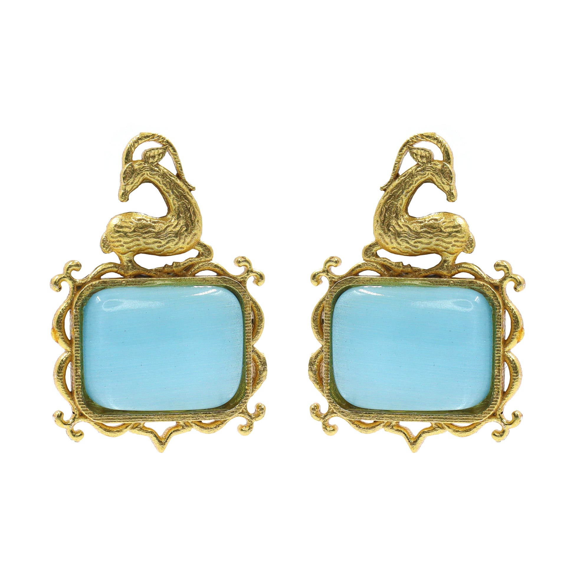 DIVAMAS gold antelope motif earrings with blue Monalisa stone – handcrafted ethnic design_01