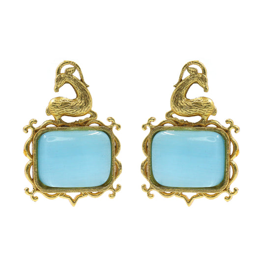 DIVAMAS gold antelope motif earrings with blue Monalisa stone – handcrafted ethnic design_01