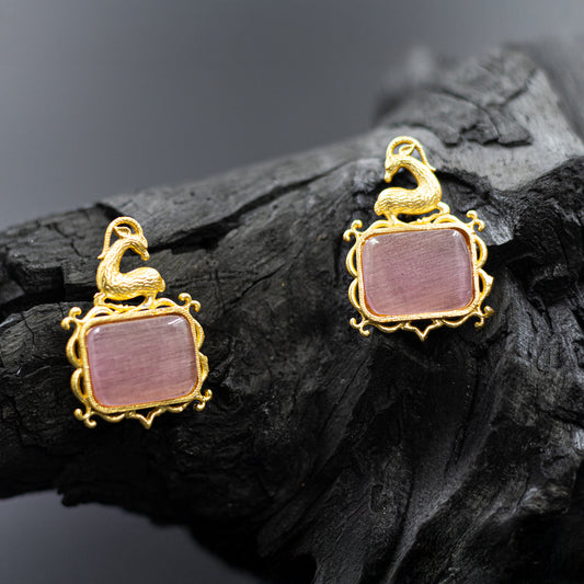  DIVAMAS earrings with pink rectangular Monalisa stone and antique gold antelope top