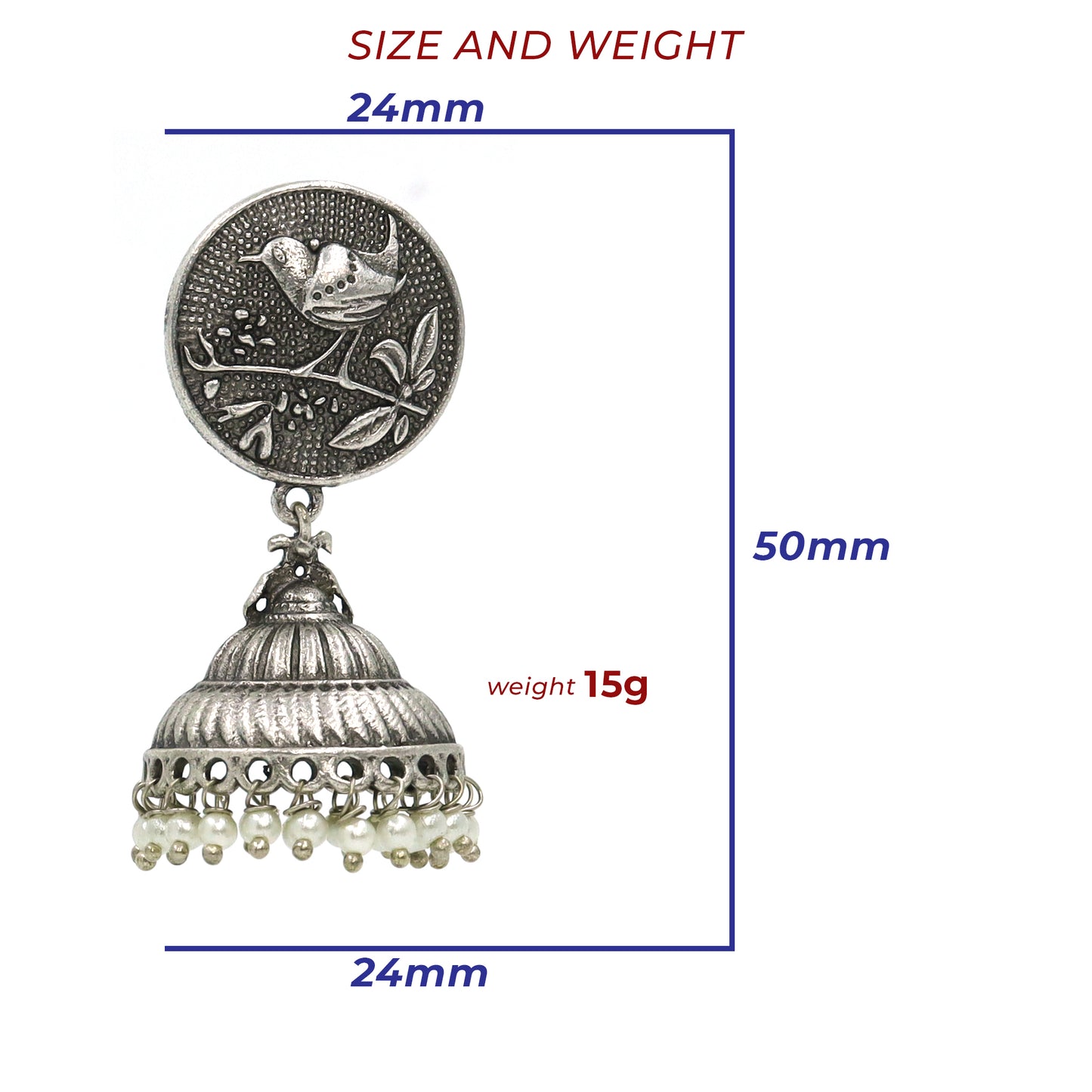 DIVAMAS oxidised silver jhumka earrings with carved bird design on top and pearl drop hangings – traditional ethnic Indian jewelry_01