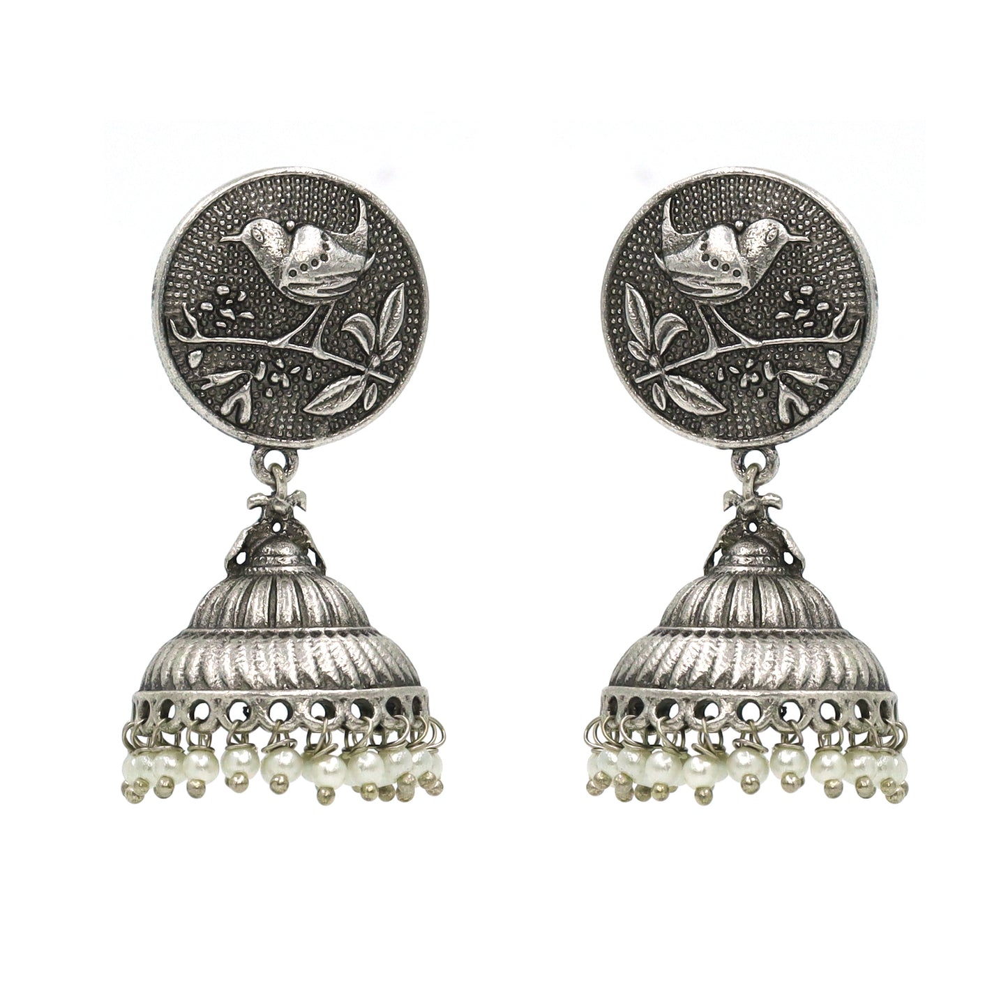 DIVAMAS oxidised silver jhumka earrings with carved bird design on top and pearl drop hangings – traditional ethnic Indian jewelry_02