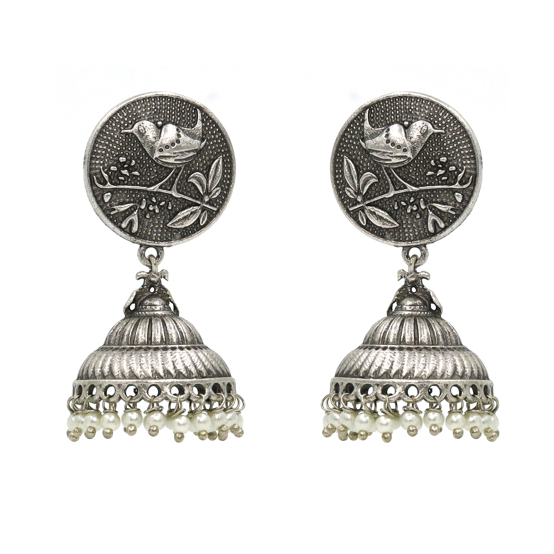 DIVAMAS oxidised silver jhumka earrings with carved bird design on top and pearl drop hangings – traditional ethnic Indian jewelry_02