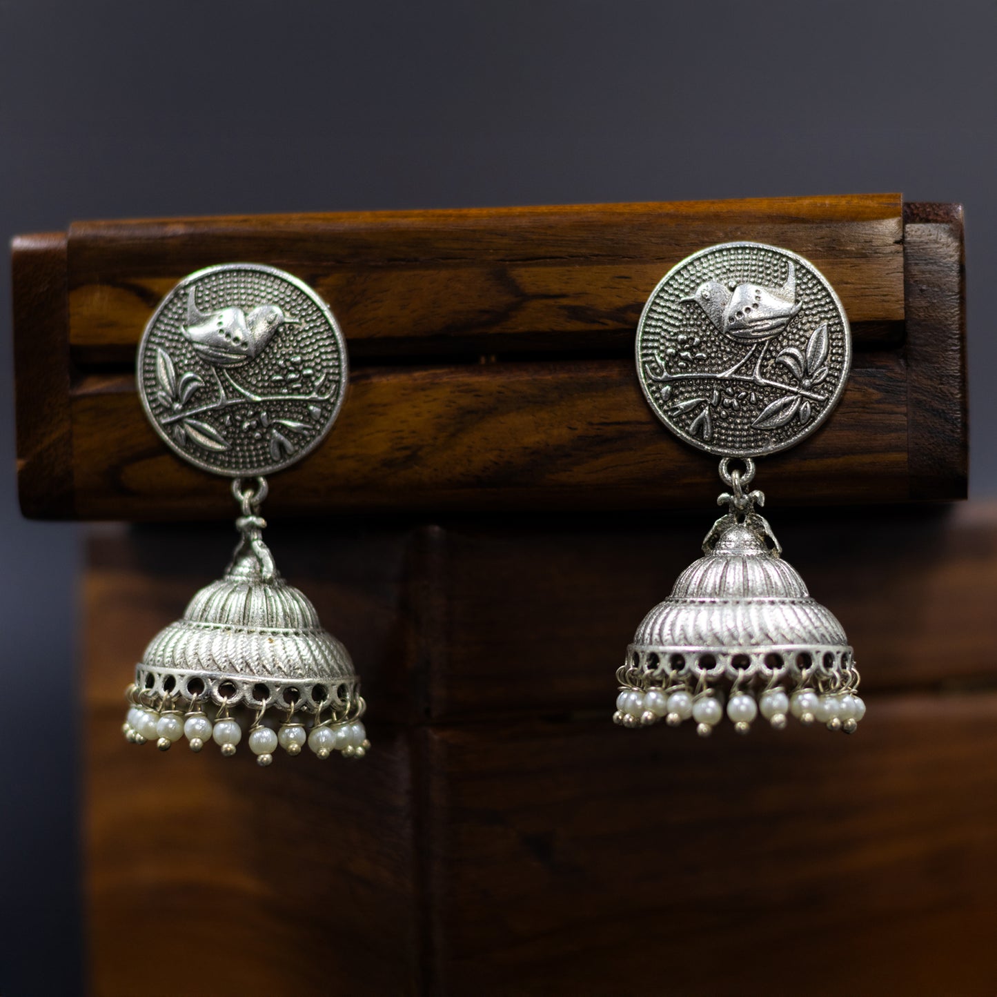 DIVAMAS oxidised silver jhumka earrings with carved bird design on top and pearl drop hangings – traditional ethnic Indian jewelry_04