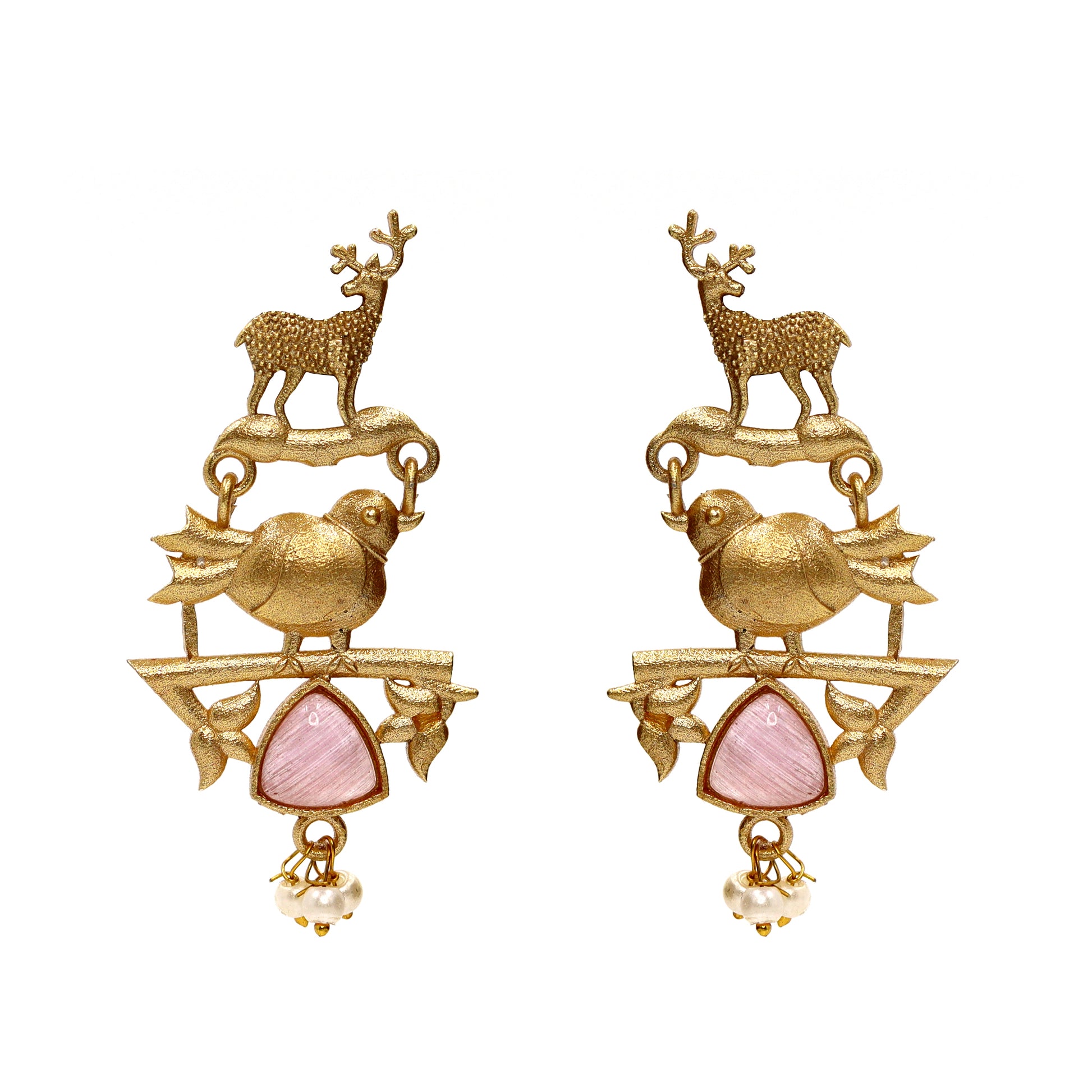 DIVAMAS gold-tone deer & bird earrings with pink Monalisa stone and pearl drop_01