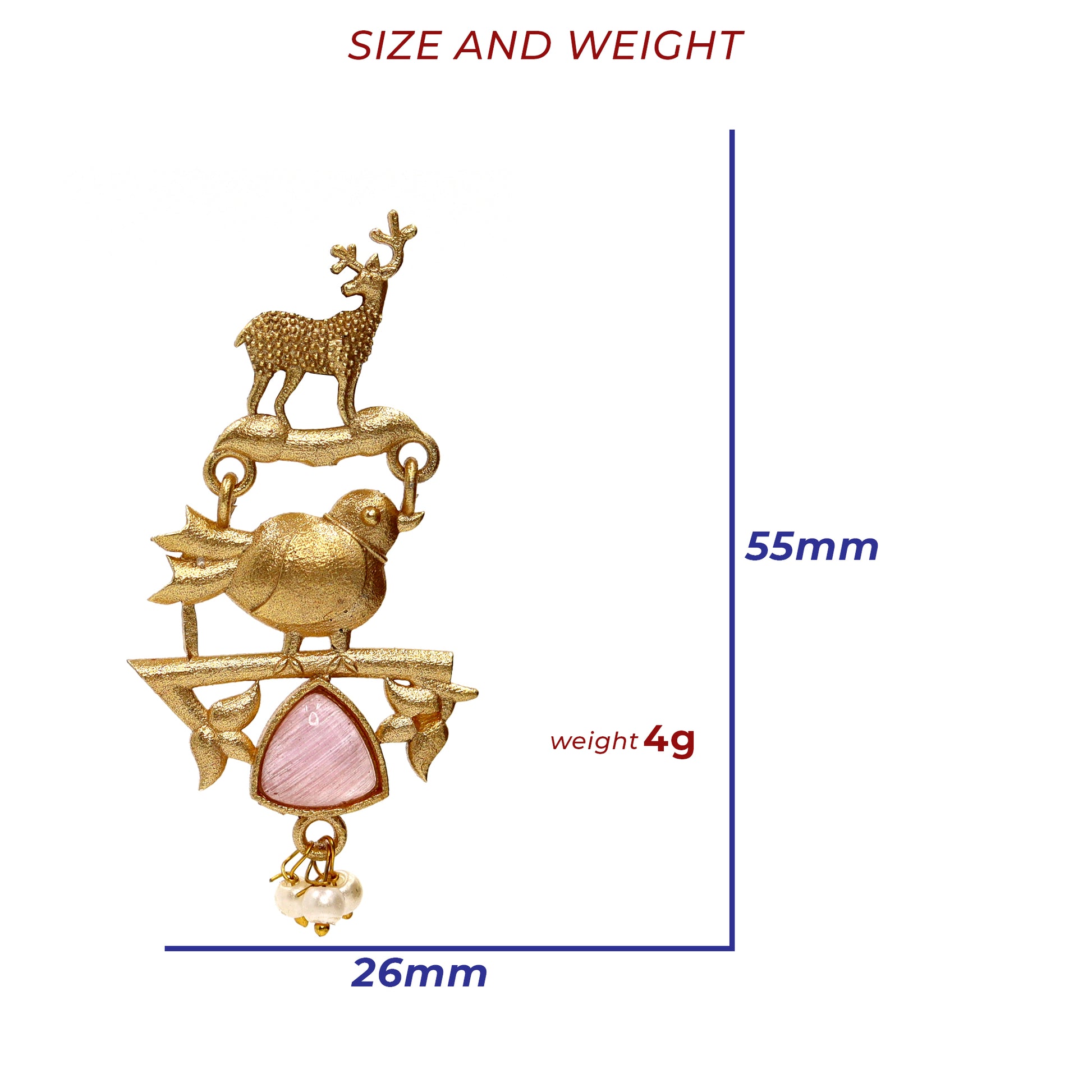 DIVAMAS gold-tone deer & bird earrings with pink Monalisa stone and pearl drop_02