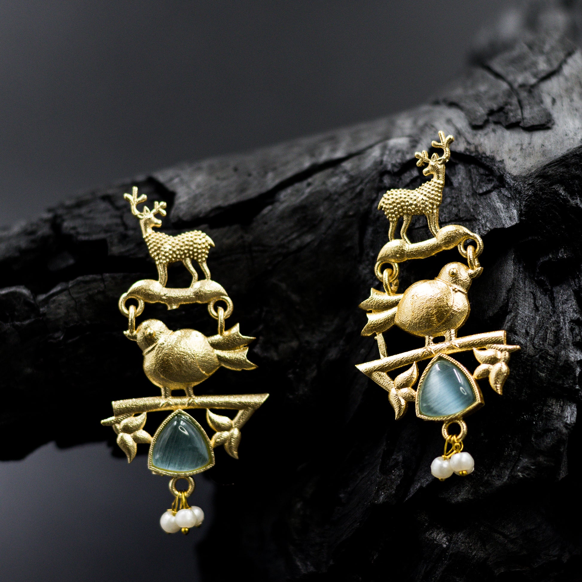 DIVAMAS ethnic gold earrings with smoky blue Monalisa stone and elegant pearl accent