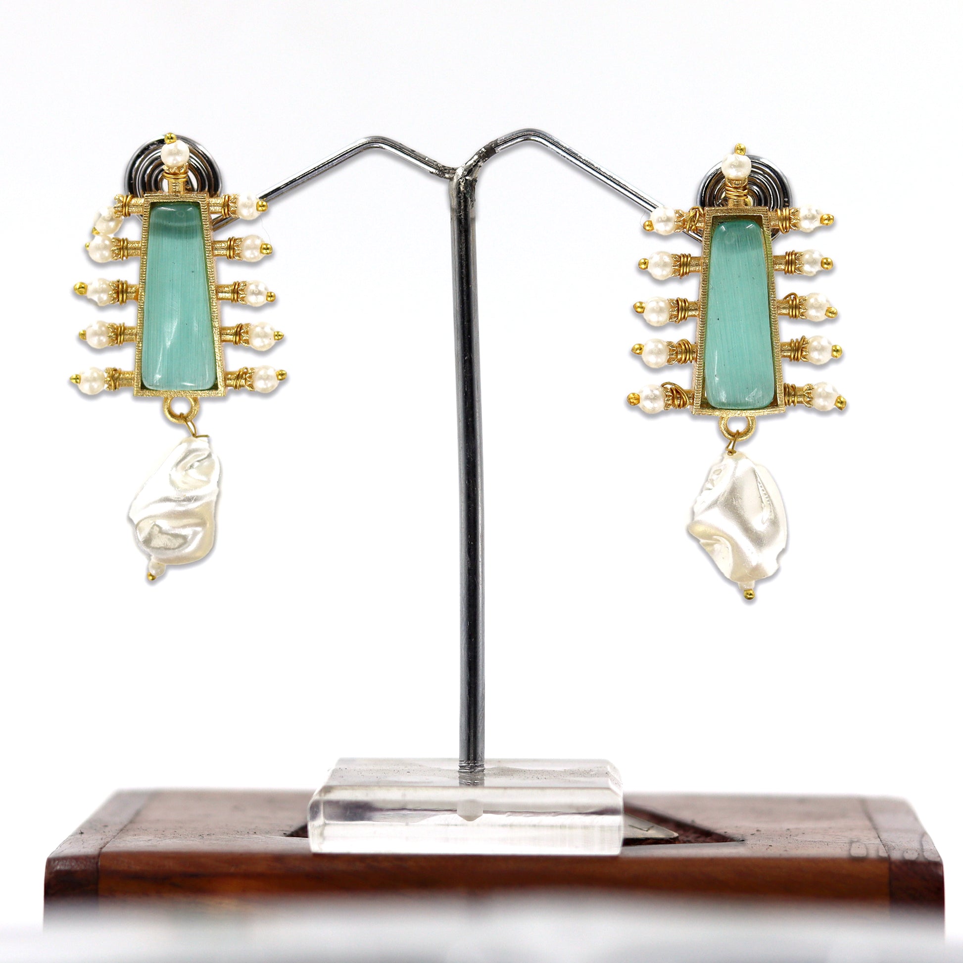 DIVAMAS earrings with aqua blue Monalisa stone top, pearl bead accents, and raw pearl drop_02