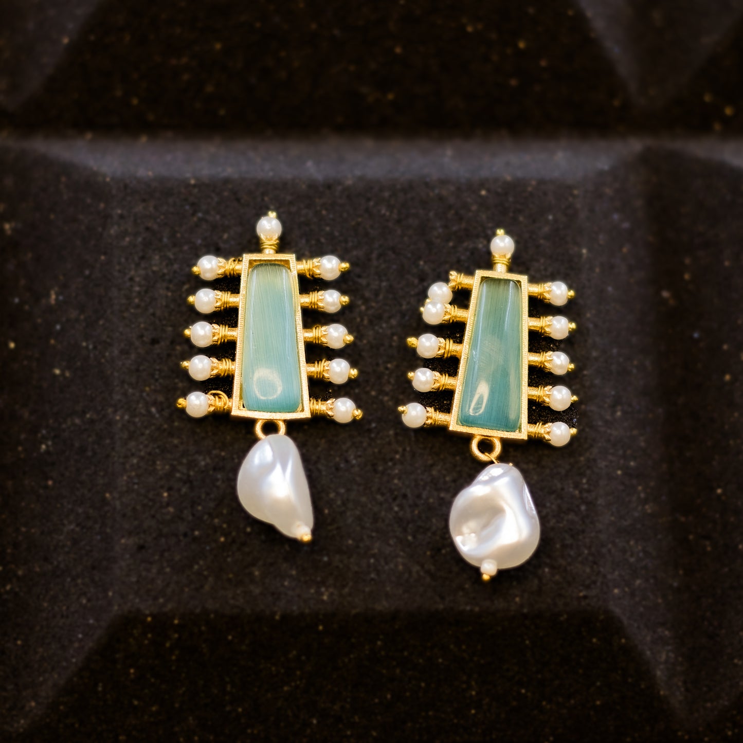  DIVAMAS earrings with aqua blue Monalisa stone top, pearl bead accents, and raw pearl drop_04