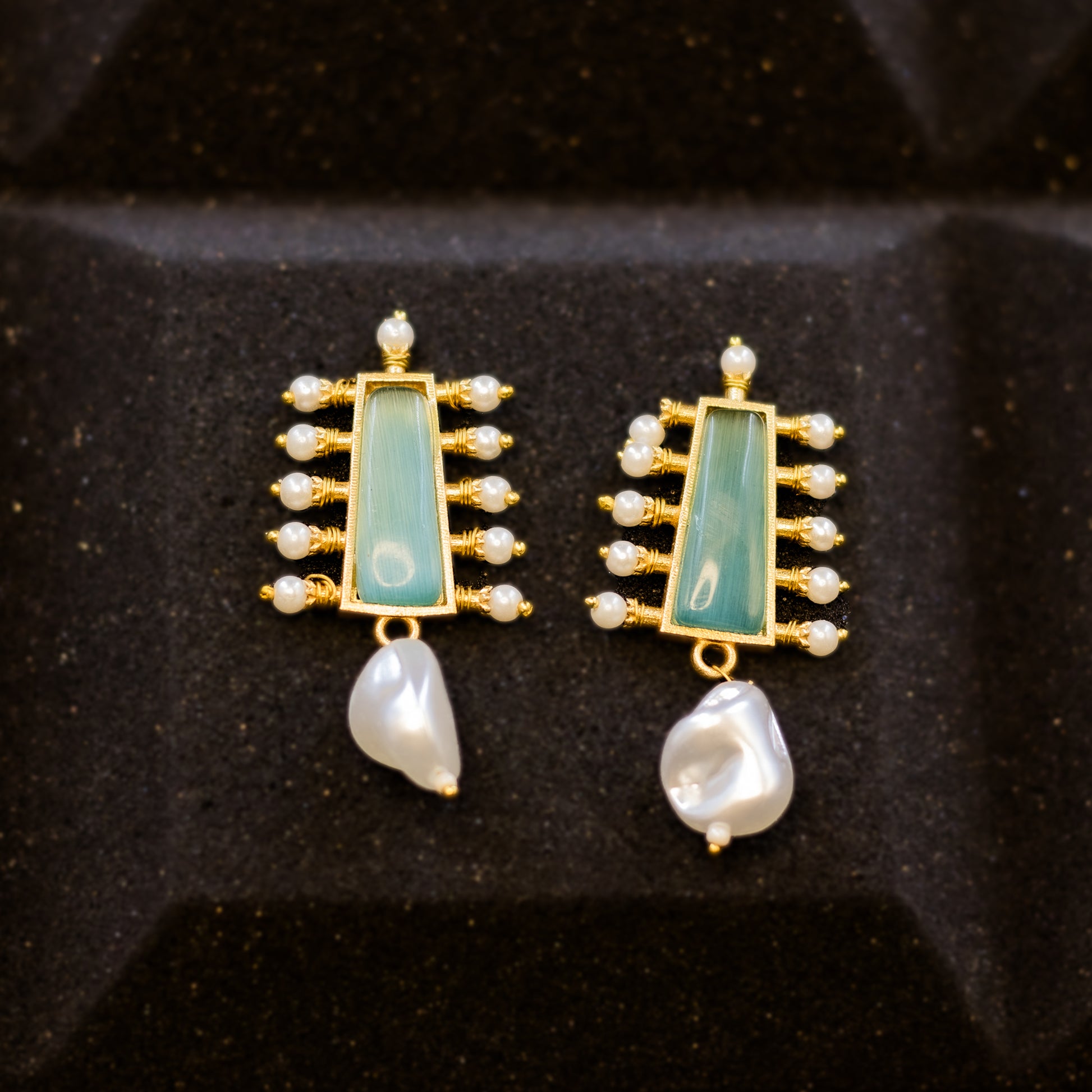  DIVAMAS earrings with aqua blue Monalisa stone top, pearl bead accents, and raw pearl drop_04