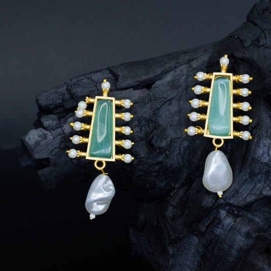 DIVAMAS earrings with aqua blue Monalisa stone top, pearl bead accents, and raw pearl drop_03