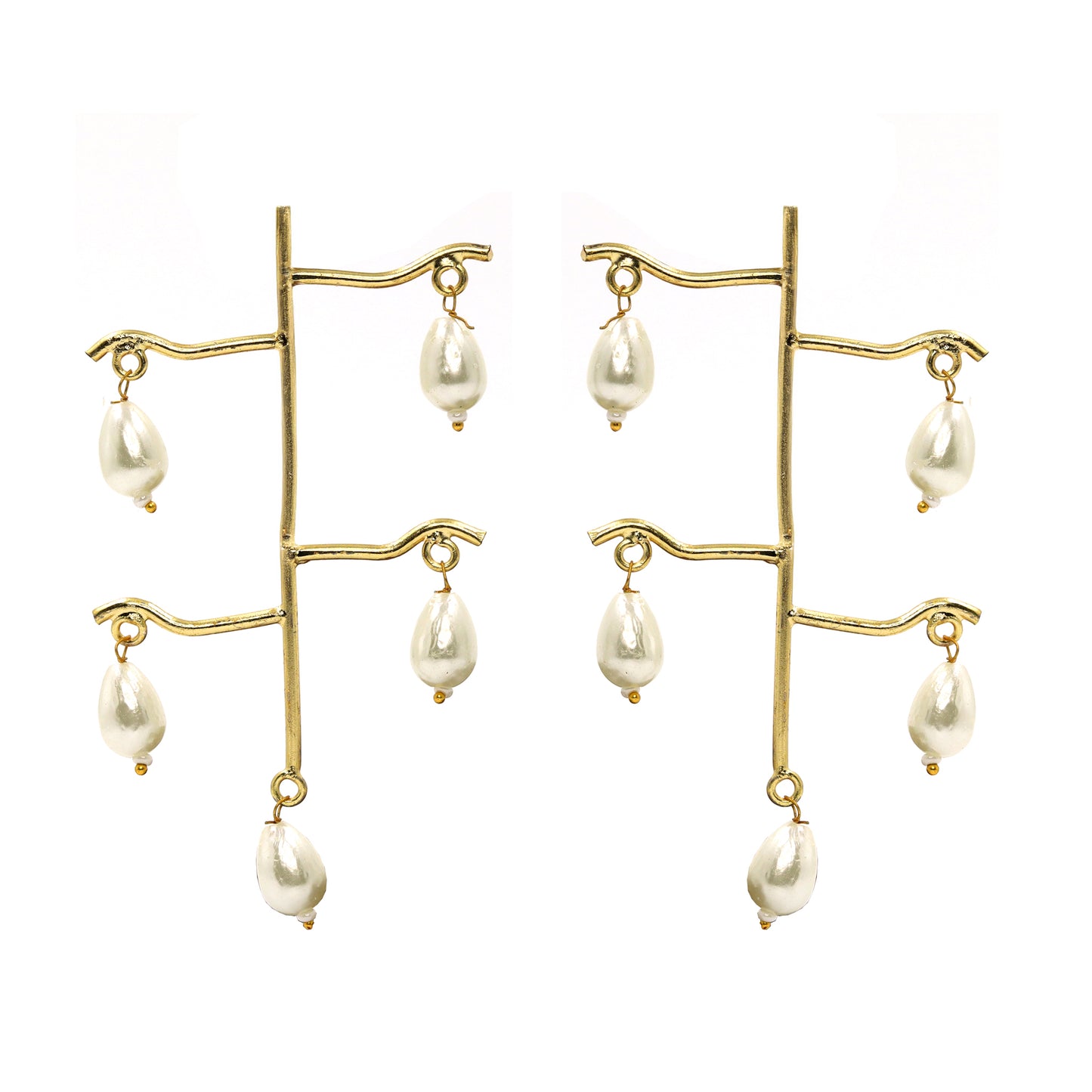 DIVAMAS gold-tone earrings with artistic branch structure and hanging pearl drops – modern ethnic statement jewellery for women_01