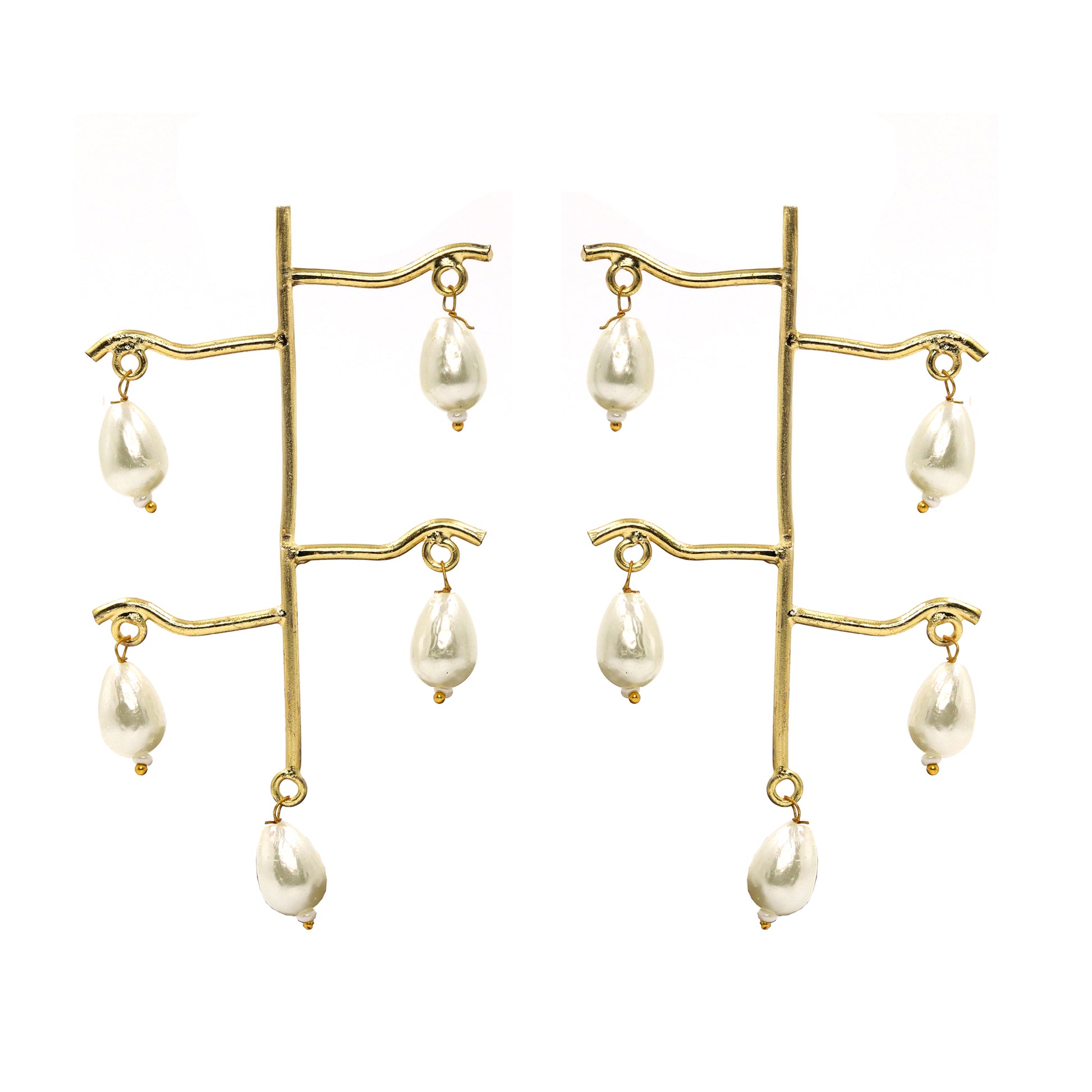 DIVAMAS gold-tone earrings with artistic branch structure and hanging pearl drops – modern ethnic statement jewellery for women_01
