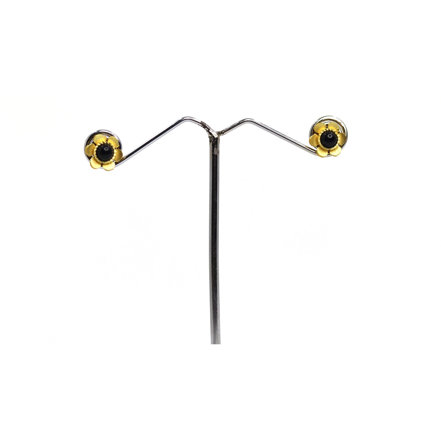 DIVAMAS Gold Floral Stud Earrings with Turquoise & Black Stones