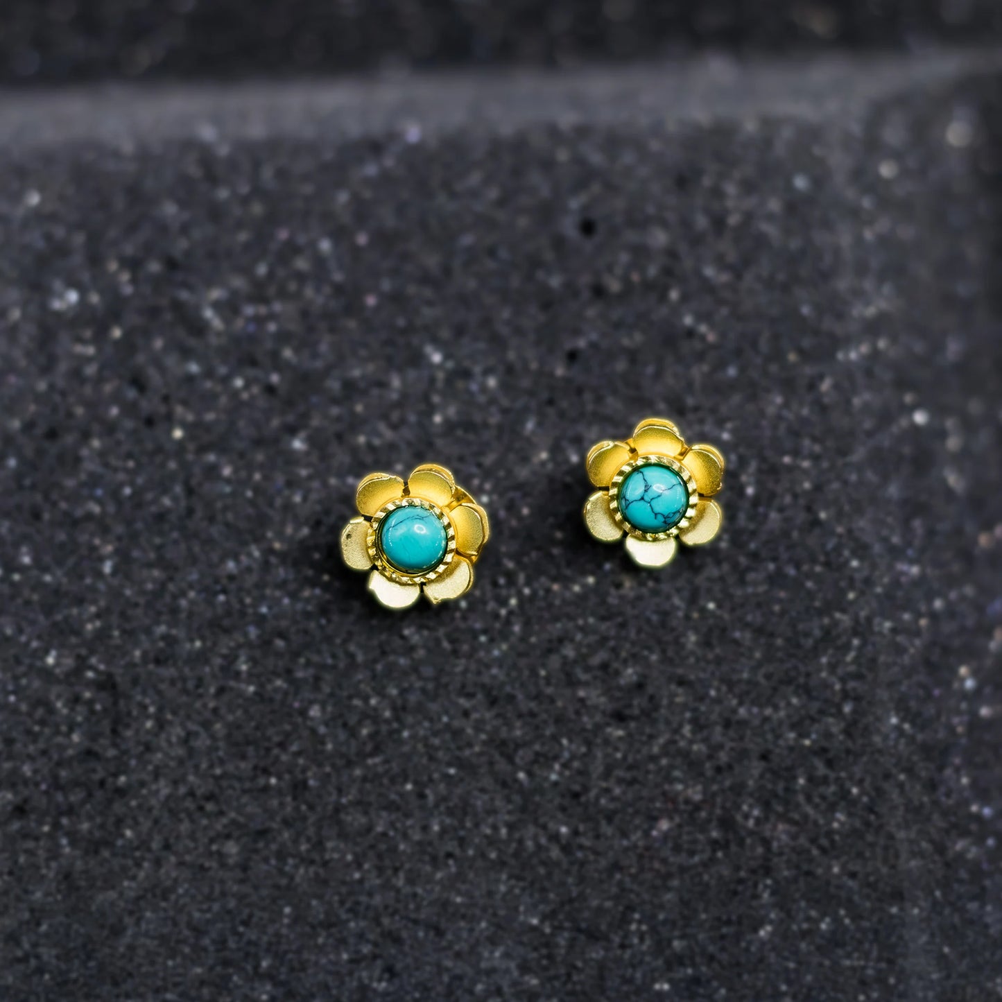 DIVAMAS Gold Floral Stud Earrings with Turquoise & Black Stones