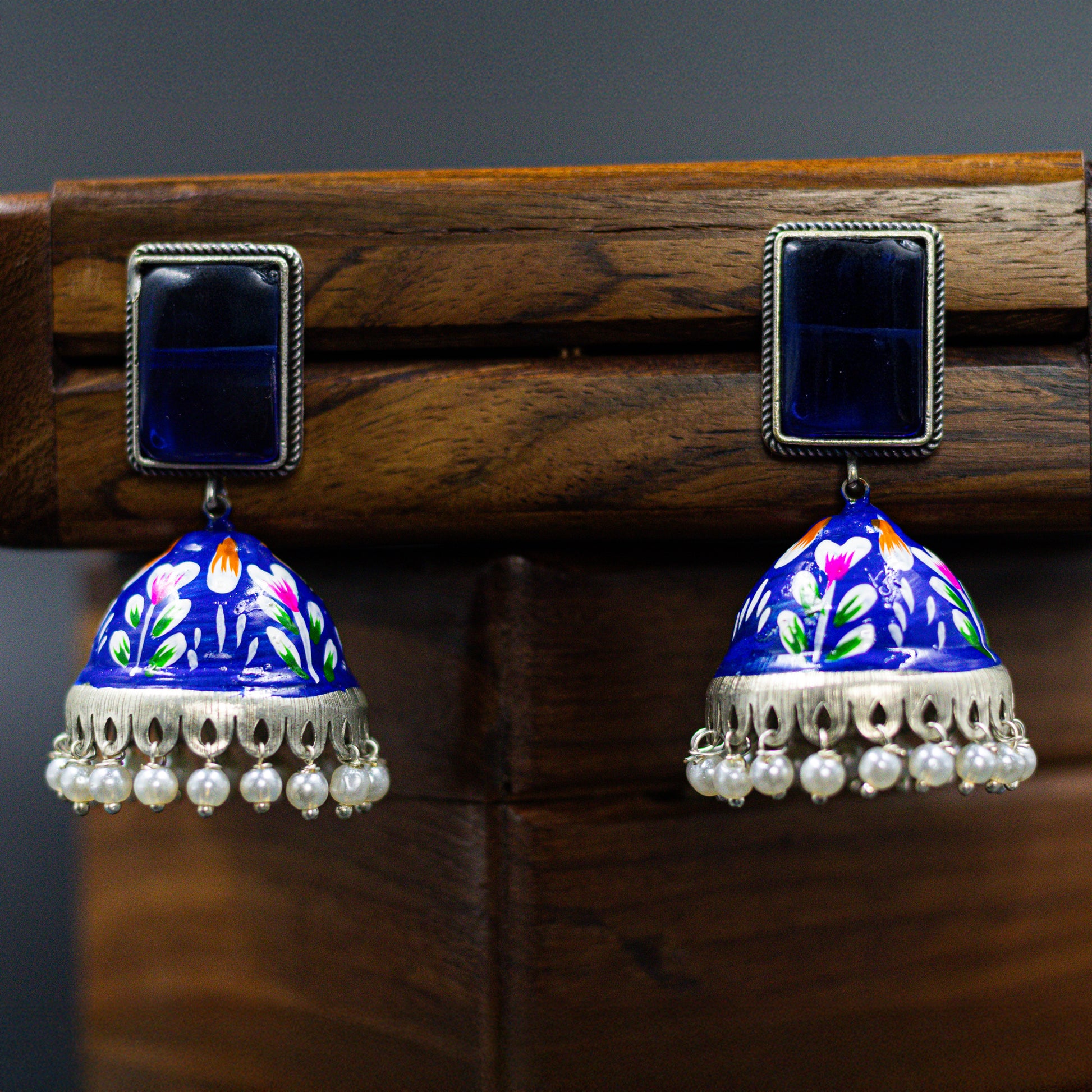 DIVAMAS blue hand-painted enamel jhumka earrings with floral design and pearl hangings – traditional Indian jewelry for women_04