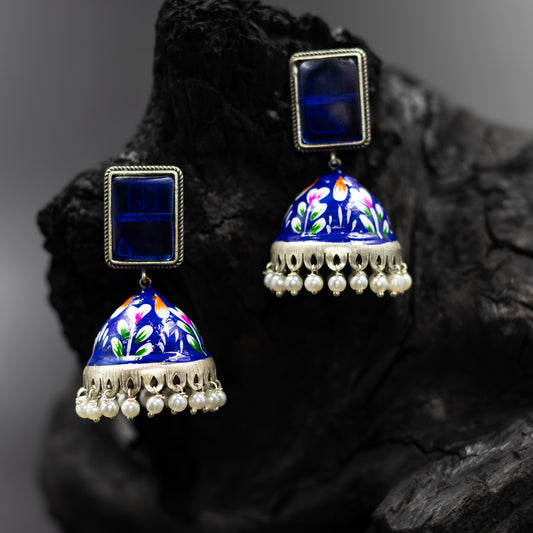 DIVAMAS blue hand-painted enamel jhumka earrings with floral design and pearl hangings – traditional Indian jewelry for women_03
