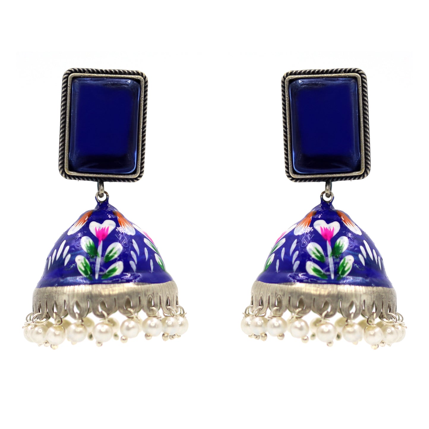 DIVAMAS blue hand-painted enamel jhumka earrings with floral design and pearl hangings – traditional Indian jewelry for women_01