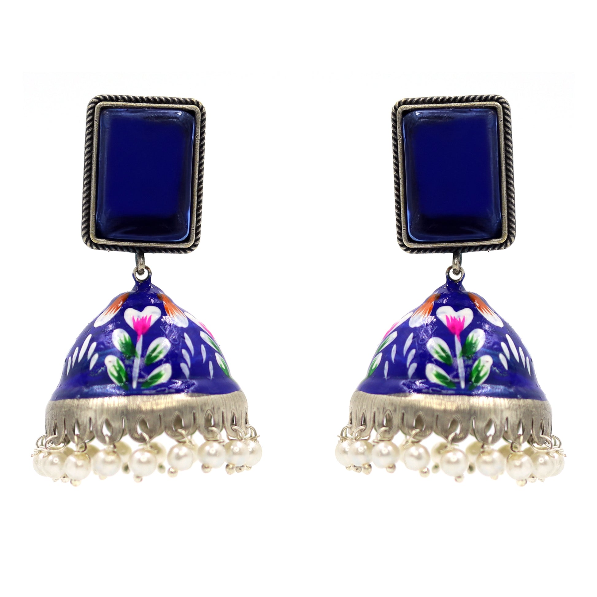 DIVAMAS blue hand-painted enamel jhumka earrings with floral design and pearl hangings – traditional Indian jewelry for women_01