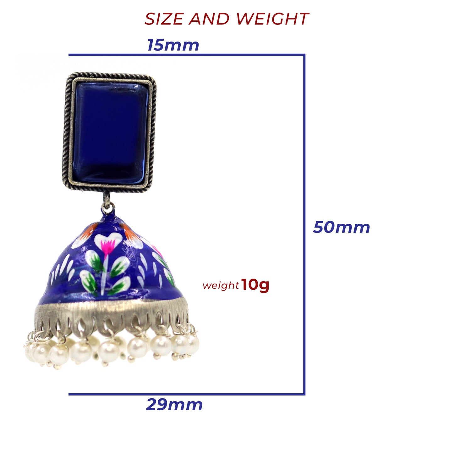 DIVAMAS blue hand-painted enamel jhumka earrings with floral design and pearl hangings – traditional Indian jewelry for women_02
