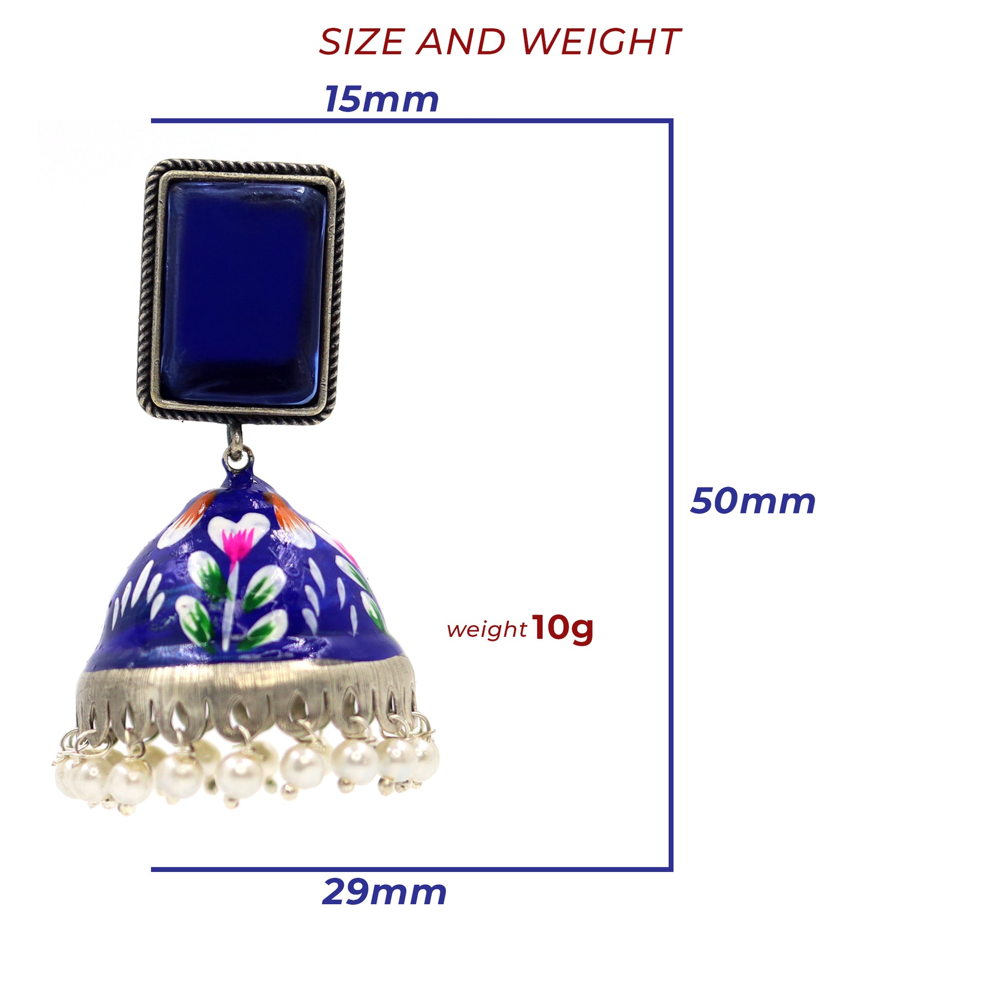 DIVAMAS blue hand-painted enamel jhumka earrings with floral design and pearl hangings – traditional Indian jewelry for women_02
