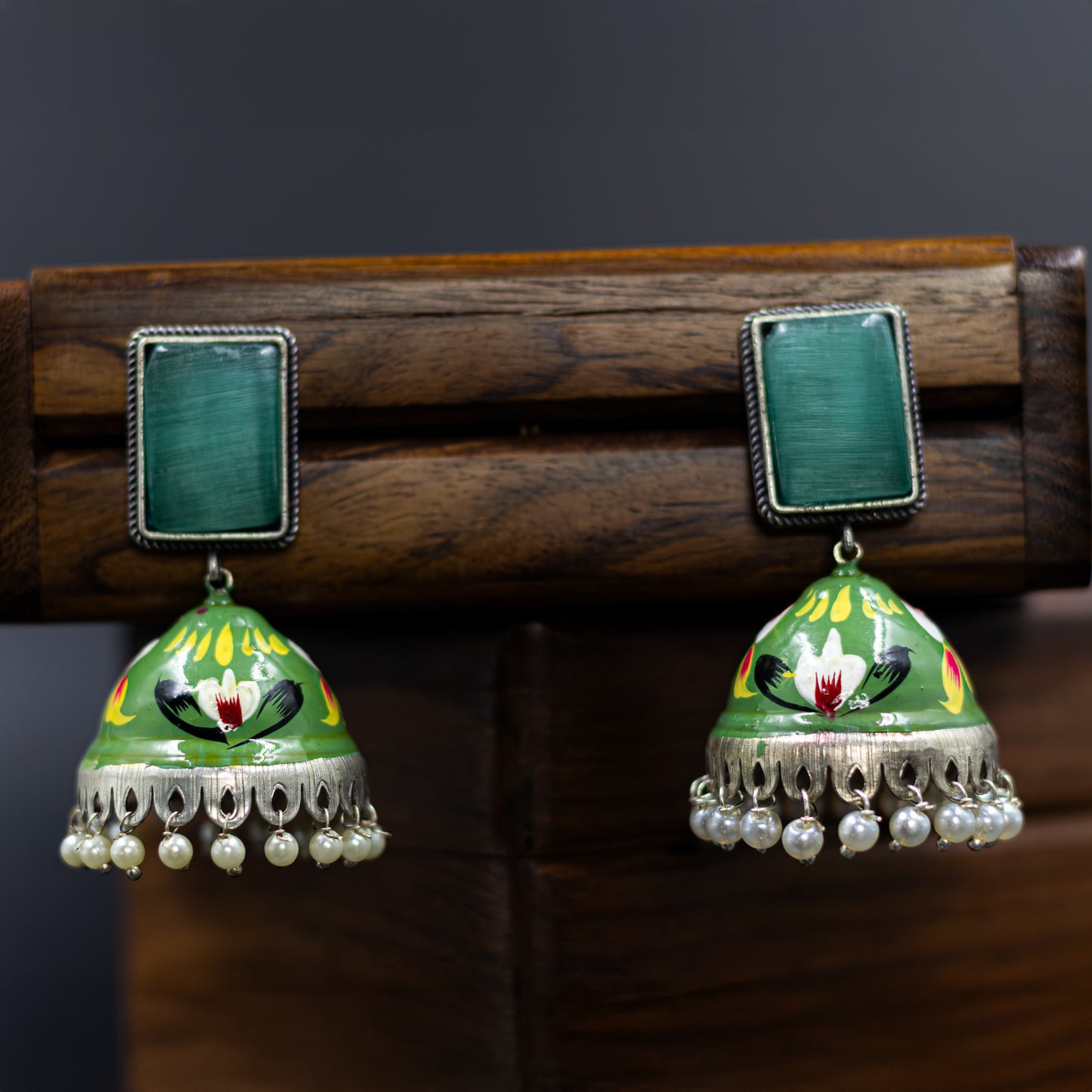DIVAMAS green hand-painted enamel jhumka earrings with floral artwork and pearl drops – ethnic Indian earrings for festive wear_01

