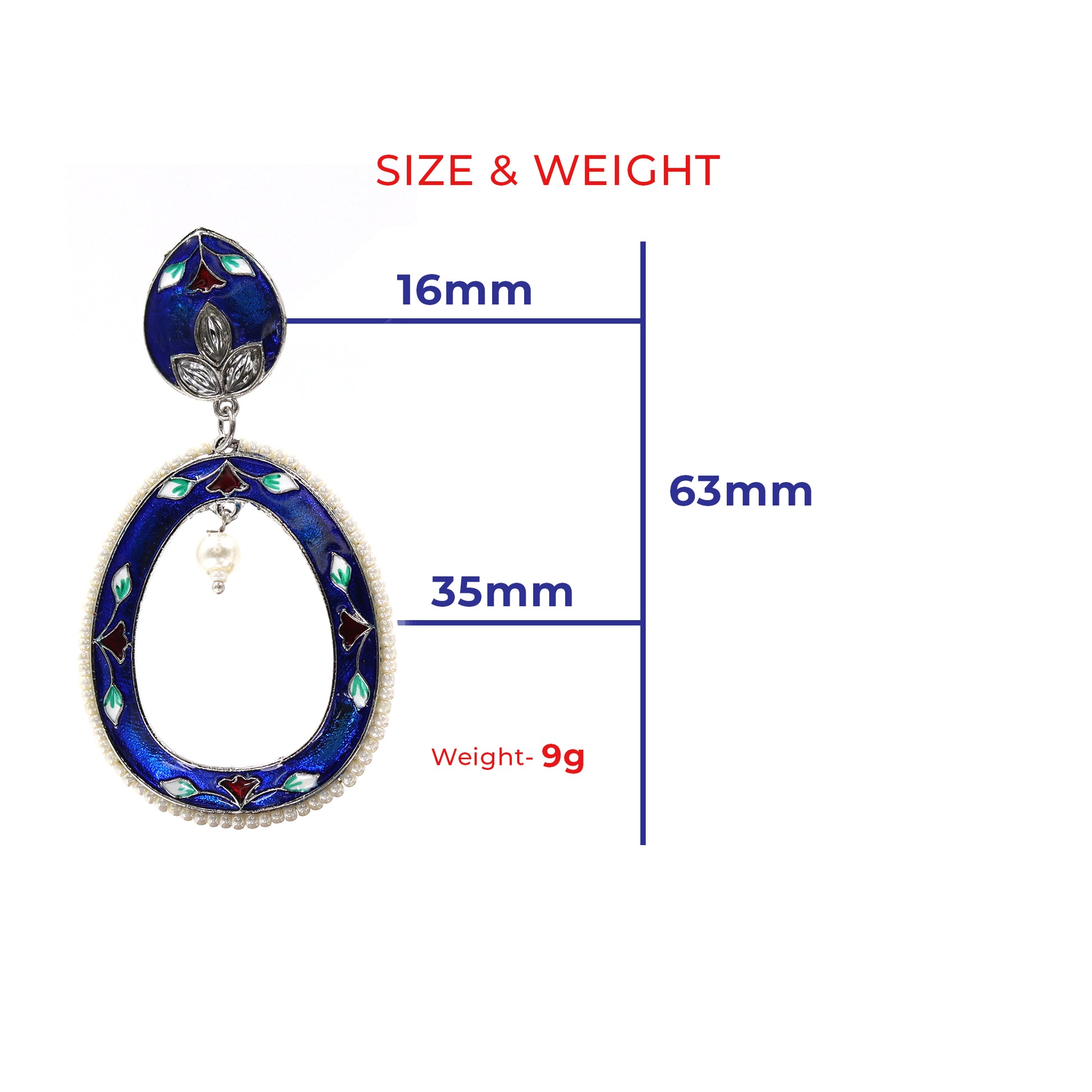 DIVAMAS blue Meenakari oval drop earrings with floral hand-painted design, silver plating, and pearl bead_01